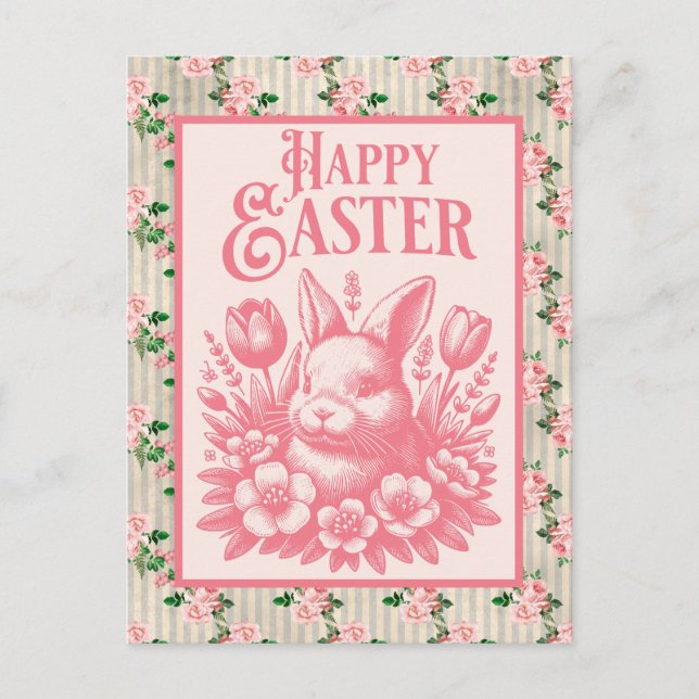 Old Fashioned Pink Easter Bunny  Holiday Postcard (Front)