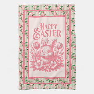 Old Fashioned Pink Easter Bunny Tea Towel