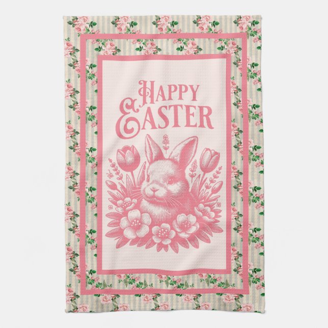 Old Fashioned Pink Easter Bunny  Tea Towel (Vertical)