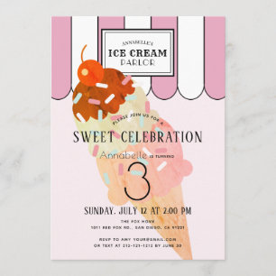 Old Fashioned Pink Ice Cream Parlour Birthday Invitation