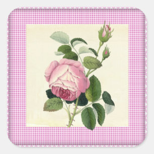 Old Fashioned Pink Rose Linen Gingham Decorative Square Sticker