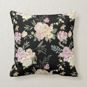 Old Fashioned Pink Roses Chintz Pattern on Black Cushion