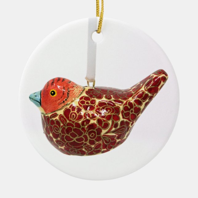 Old-fashioned Red-Gold Flowered Partridge Bauble Ceramic Tree Decoration (Front)
