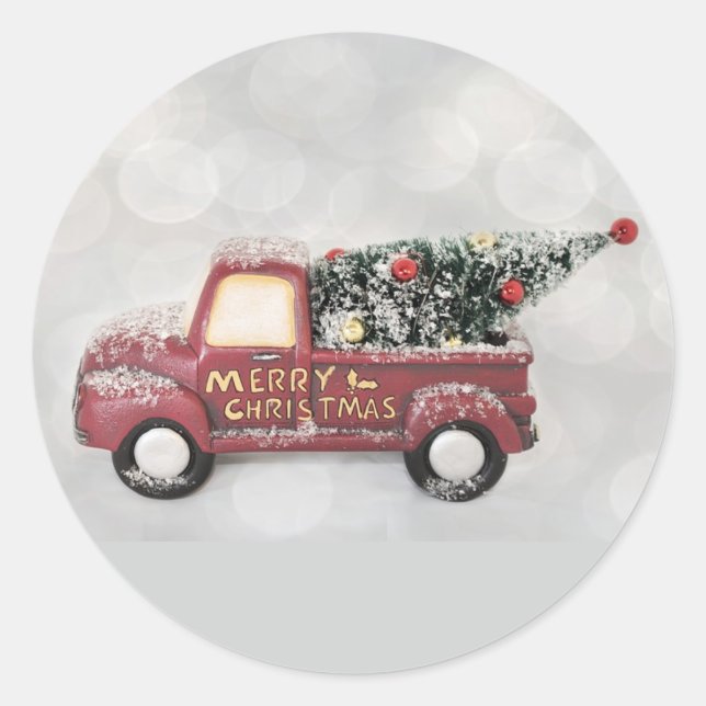 Old Fashioned Red Truck With Christmas Tree Classic Round Sticker (Front)