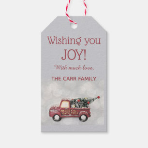 Old Fashioned Red Truck With Christmas Tree Gift Tags