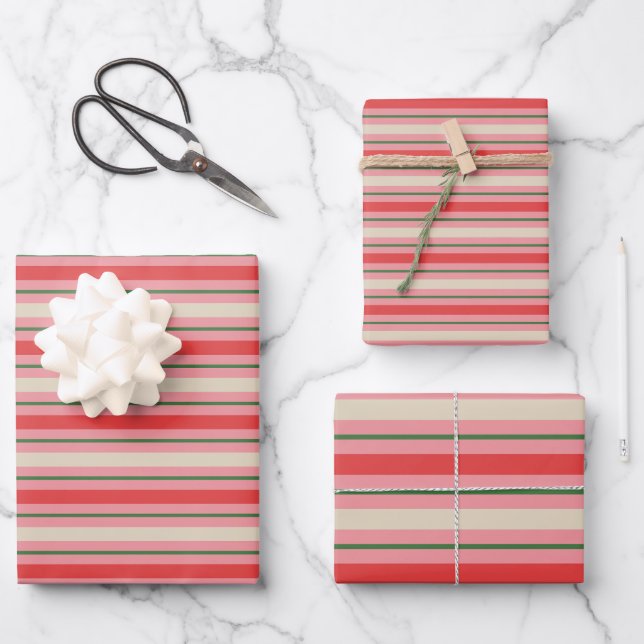 Old Fashioned Retro Christmas Stripe Pattern Pink Wrapping Paper Sheet (Front)
