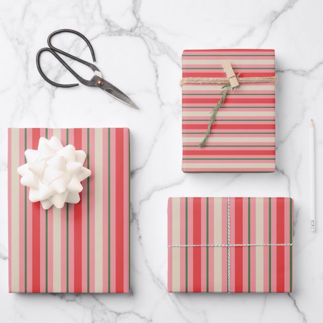 Old Fashioned Retro Christmas Stripe Pattern Pink Wrapping Paper Sheet (Front)
