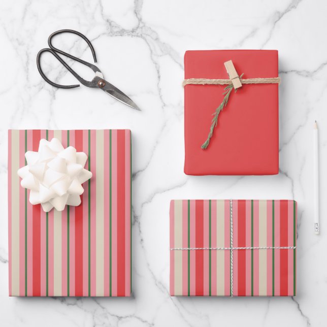 Old Fashioned Retro Christmas Stripes Pink Red Wrapping Paper Sheet (Front)