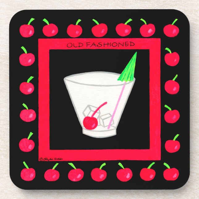 Old Fashioned Retro Drink Red Cherries on Black Coaster (Front)