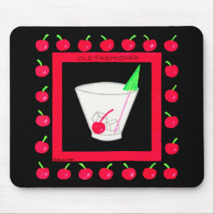 Old Fashioned Retro Drink Red Cherries on Black Mouse Mat