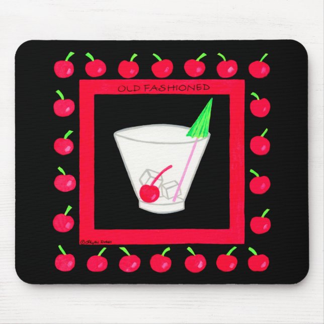 Old Fashioned Retro Drink Red Cherries on Black Mouse Mat (Front)