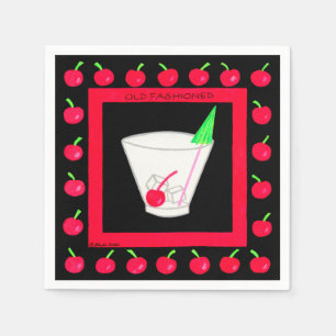 Old Fashioned Retro Drink Red Cherries on Black Napkin
