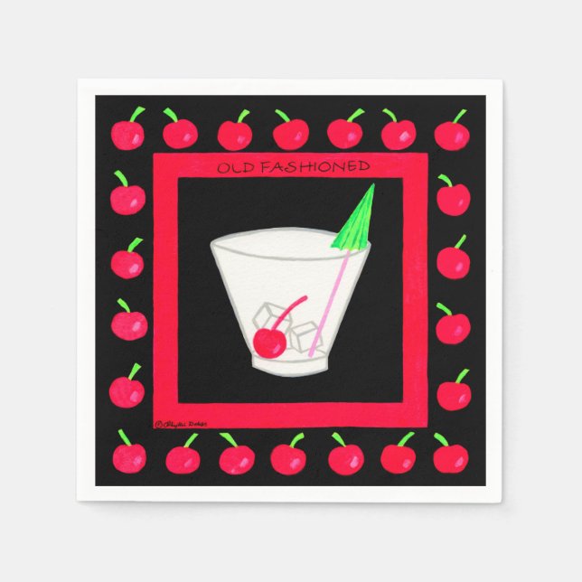 Old Fashioned Retro Drink Red Cherries on Black Napkin (Front)