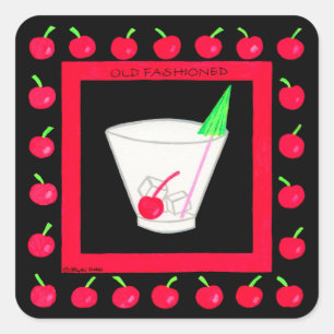 Old Fashioned Retro Drink Red Cherries on Black Square Sticker
