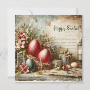 Old fashioned retro red Easter eggs spring flowers Holiday Card