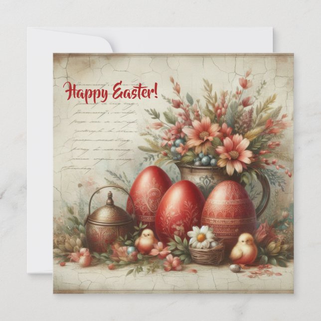 Old fashioned retro red Easter eggs spring flowers Holiday Card (Front)