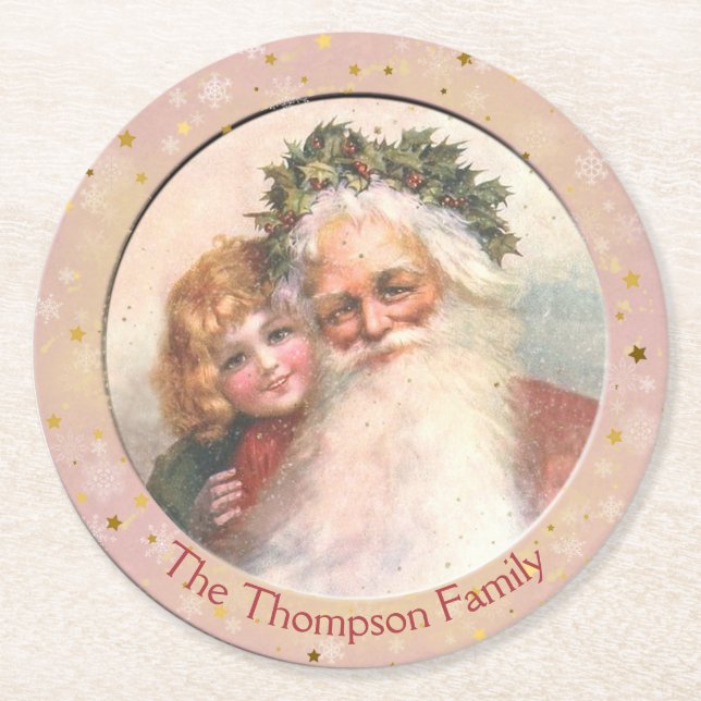Old Fashioned Santa Claus and Little Girl Round Paper Coaster (Front)