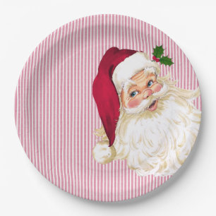 Old Fashioned Santa Claus Cranberry Stripe Paper Plate