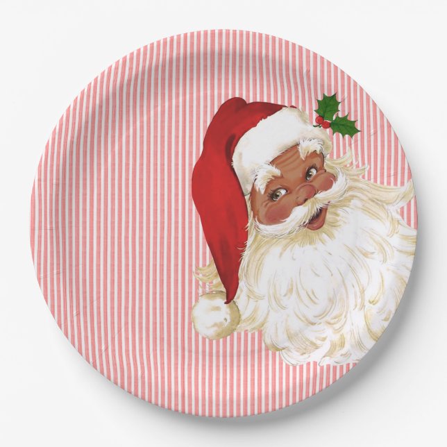 Old Fashioned Santa Claus Red & White Stripe Paper Paper Plate (Front)