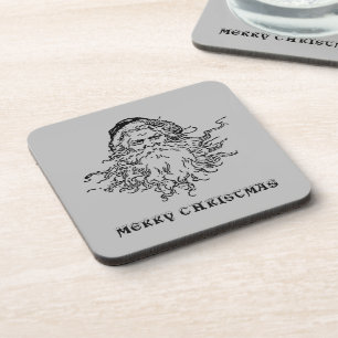 Old-Fashioned Santa Merry Christmas Gray Plastic Coaster