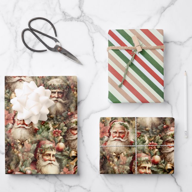 Old Fashioned Santa's With Wreaths Wrapping Paper Sheet (Front)
