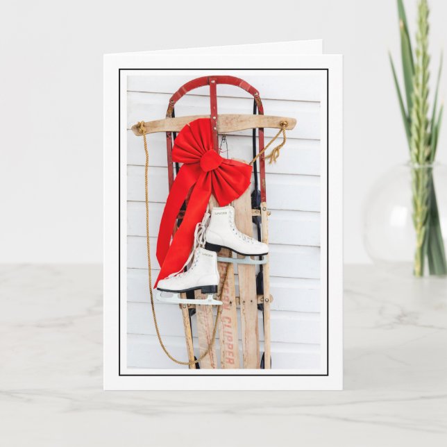 Old Fashioned Sled with Ice Skates Holiday Card (Front)
