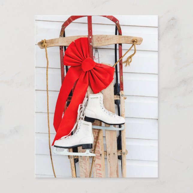 Old Fashioned Sled with Ice Skates Holiday Postcard (Front)