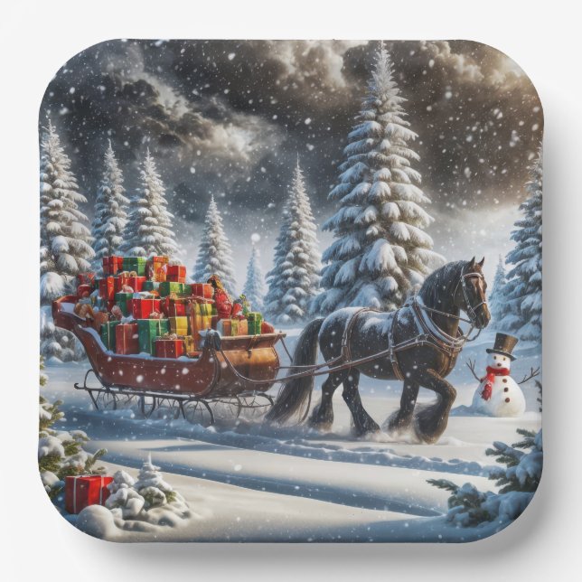 Old-fashioned Sleigh Filled Christmas Gifts Paper Plate (Front)