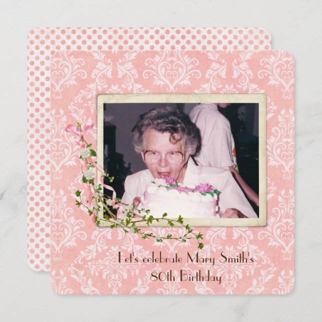 old-fashioned snapshot on damask Birthday Party Invitation (Front/Back)