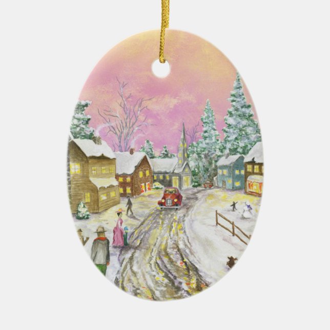 Old Fashioned Snowland Christmas Ceramic Tree Decoration (Front)