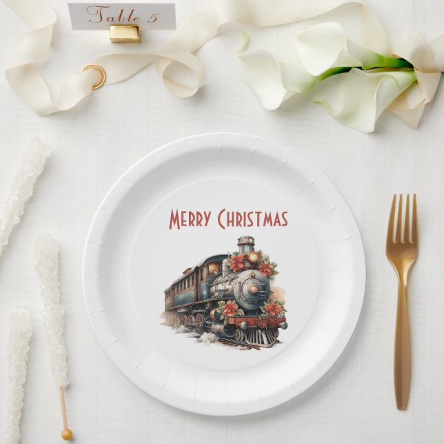 Old-Fashioned Steam Train Retro Christmas Paper Plate (Wedding)