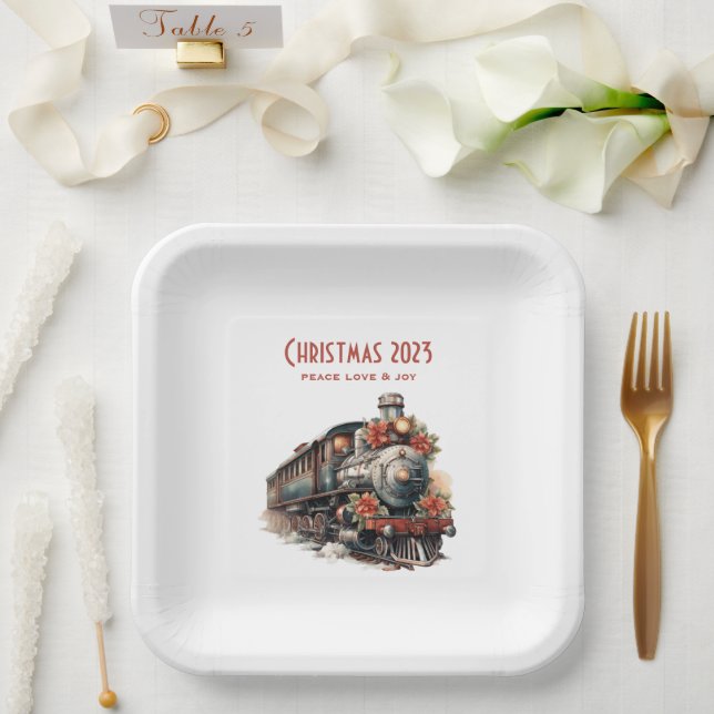 Old-Fashioned Steam Train Retro Christmas Paper Plate (Wedding)