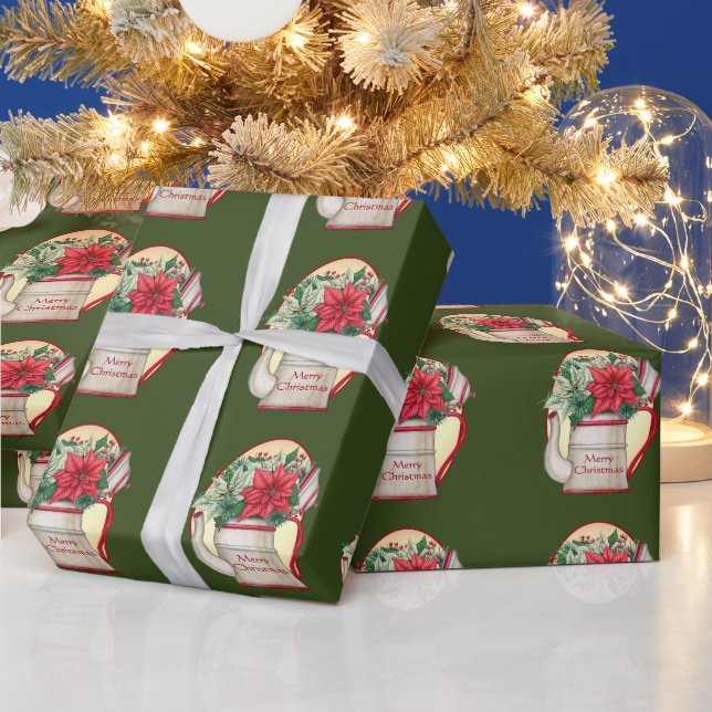 Old fashioned tea pot with poinsettias Christmas  Wrapping Paper (Holidays)