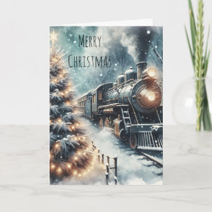 Old-Fashioned Train and Vintage Winter Scene Card
