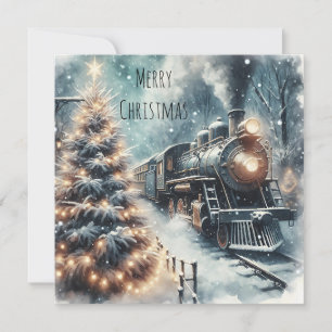 Old-Fashioned Train and Vintage Winter Scene Holiday Card