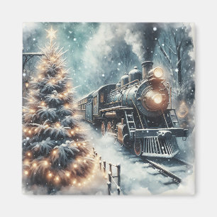 Old-Fashioned Train and Vintage Winter Scene Magnet