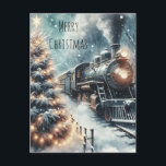 Old-Fashioned Train and Vintage Winter Scene Postcard<br><div class="desc">Personalised Christmas postcard. . Old-fashioned vintage retro train in a beautiful snowy winter scene with a pine tree with illuminated Christmas lights.</div>