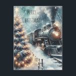 Old-Fashioned Train and Vintage Winter Scene Postcard<br><div class="desc">Personalised Christmas postcard. . Old-fashioned vintage retro train in a beautiful snowy winter scene with a pine tree with illuminated Christmas lights.</div>