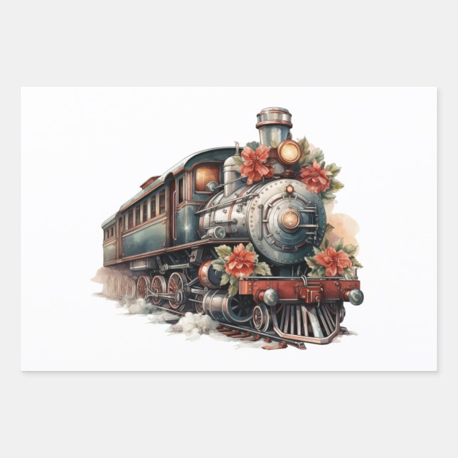 Old-Fashioned Train Retro Christmas Wrapping Paper Sheet (Front)