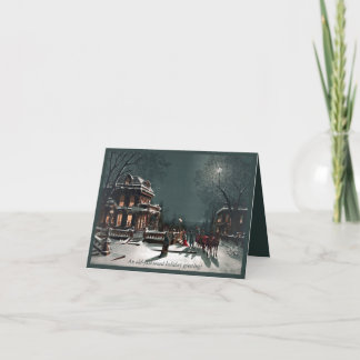 Old-fashioned Victorian card, horses houses moon. Holiday Card