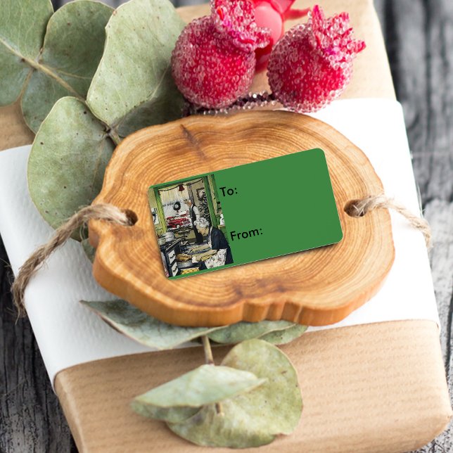 Old Fashioned Vintage Home Kitchen Christmas Gift Label (Vintage old fashioned 1940's Christmas Dinner at Grandmas house on green gift tag label.)