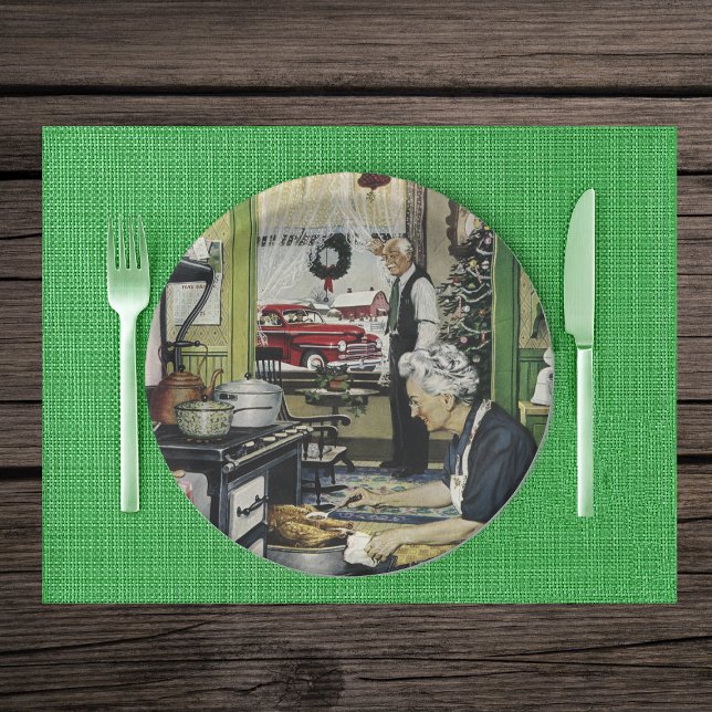 Old Fashioned Vintage Home Kitchen Christmas Paper Plate (Vintage scene cooking holiday turkey in grandma's kitchen on paper party plates.)