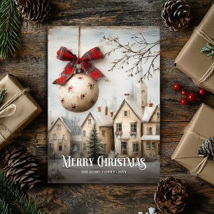 Old Fashioned Watercolor Red White Christmas Scene Holiday Card