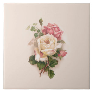 Old Fashioned White/Pink Roses-Buff Background Tile