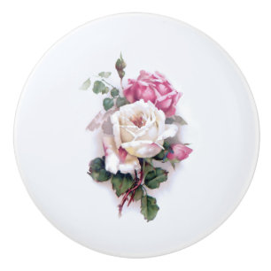 Old Fashioned White/Pink Roses-White Background Ceramic Knob