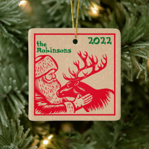 Old Fashioned Woodcut Santa Claus and Reindeer Ceramic Ornament