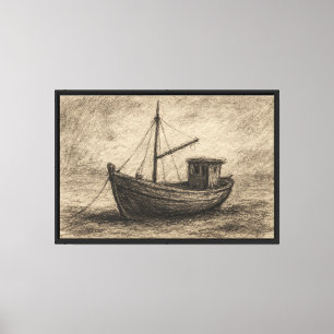 Old Fishing Boat Charcoal Drawing Canvas Print