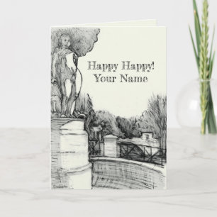 Old fountain in the park with sculpture boy card