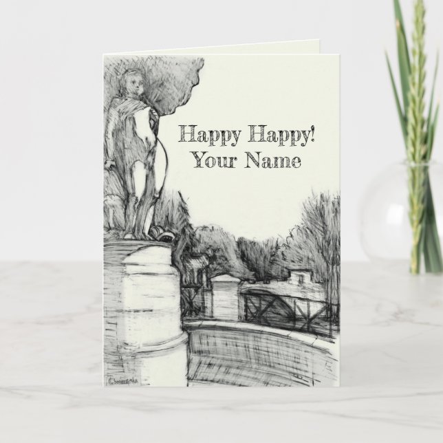 Old fountain in the park with sculpture boy card (Front)