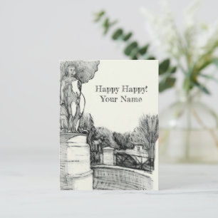 Old fountain in the park with sculpture boy holiday postcard